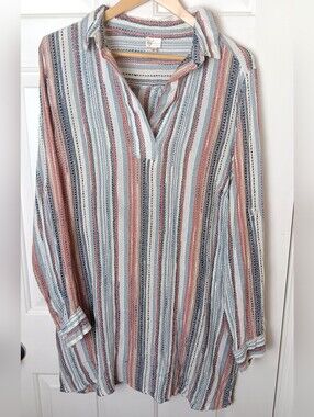 Keep In Touch Tunic Top/Dress/Cover Up Womens 1X Blue Multi Color Stripe Boho